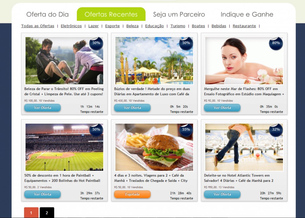 Fizemos uma nova diagramação na página de ofertas recentes com inclusão de paginação jquery, fazendo com que a transição de uma página para outra seja absurdamente mais rápido, neste modelo, todas as funcionalidades são parametrizadas, o administrador tem a flexibilidade de ativar o balão de ofertas, ativar o contador de encerramento da oferta e o número de ofertas em cada página